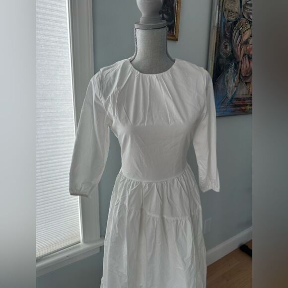 NWT Monn White Semi Sheer Asymmetric Tiered 3/4 sleeve Midi Dress size XS - Picture 8 of 8